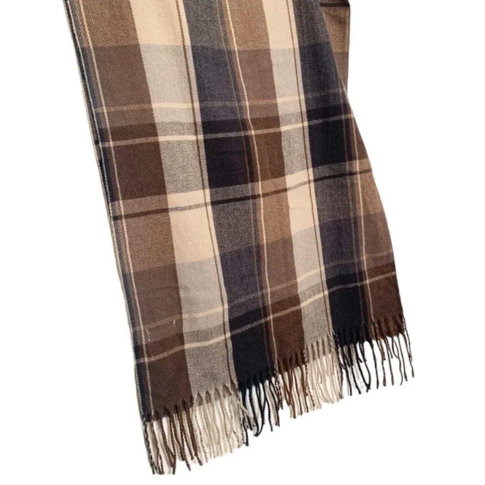 Oversized Brown Tan Plaid Blanket Scarf Wrap | Fringe Neutral Winter Shawl